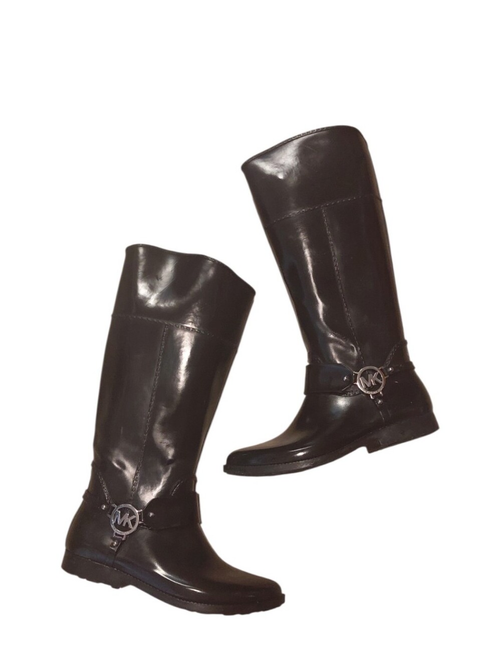 Michael Kors Fulton Black Knee High Rain Boot Logo Harness Size 9